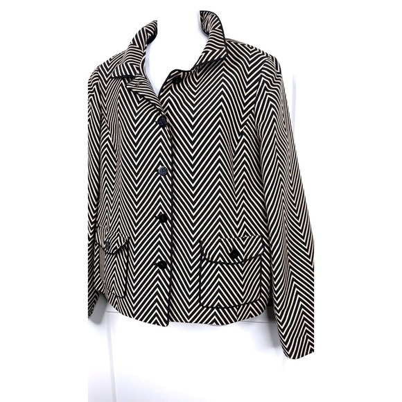 Nina McLemore Black Beige Chevron Cotton Silk Blazer Jacket Womens 14 USA - Picture 2 of 6
